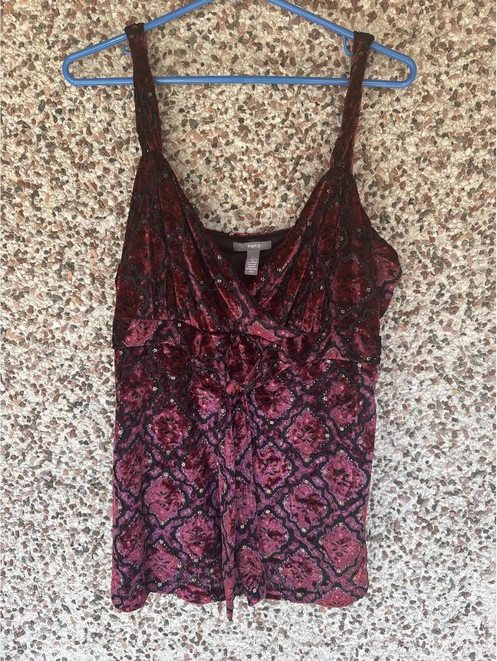 Apt. 9 Velvet Burnout Tank Top XL Burgundy Black Metallic Y2K